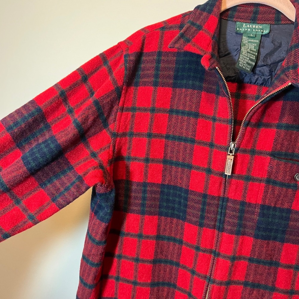 Lauren Ralph Lauren Red Plaid 100% Lambswool Full Zip Shirt Jacket Men's Large - Picture 7 of 11